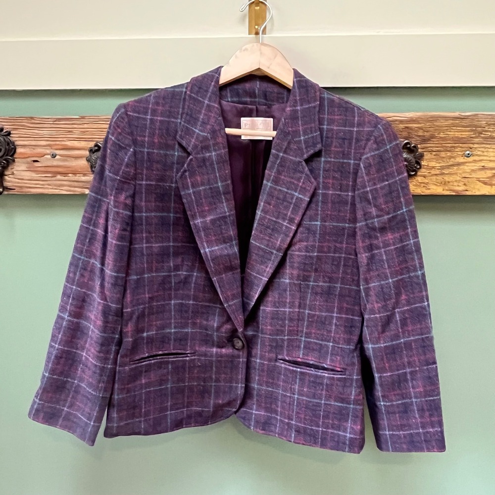 Pendleton Vintage Purple Plaid Wool Blazer Jacket Size 12 Made in USA T323-265